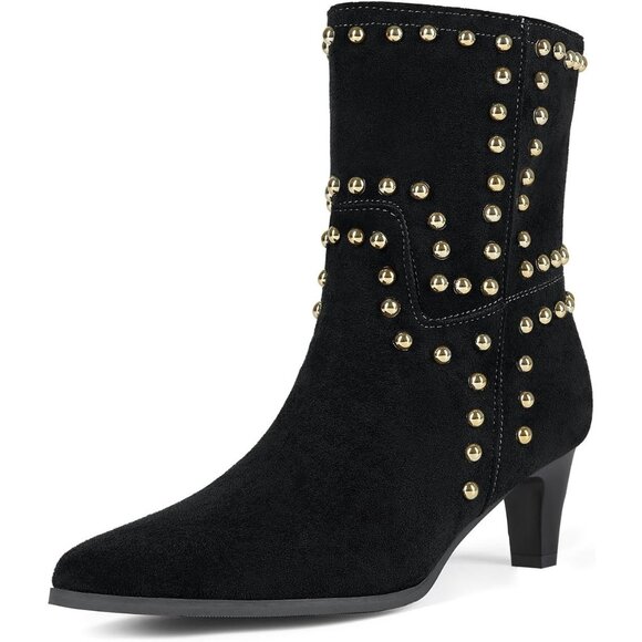 Women's Pointed Toe Low Kitten Heel Booties Slip On Rivet Ankle Boots Black - Picture 2 of 7